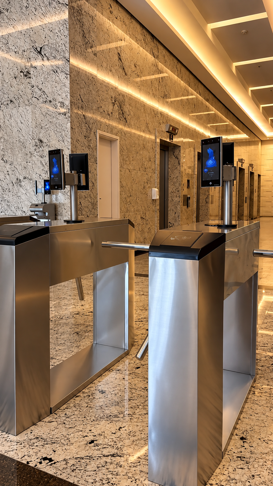 Entrada corporativa com catracas e elevadores