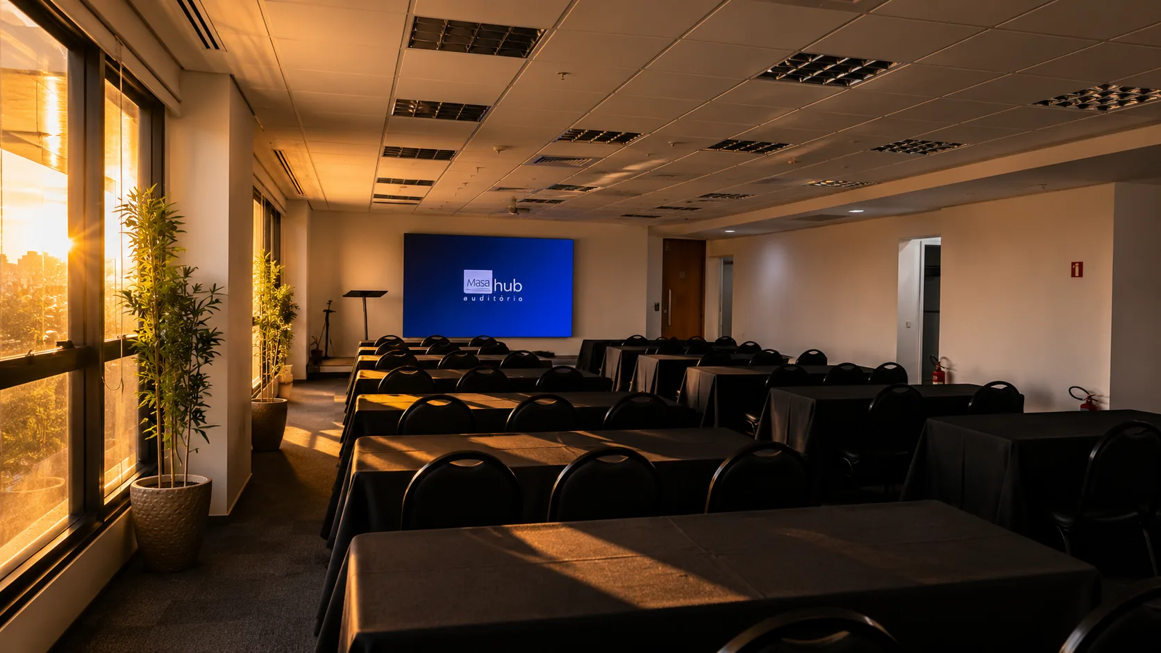 Auditório MASA HUB com mesas e telão ao entardecer